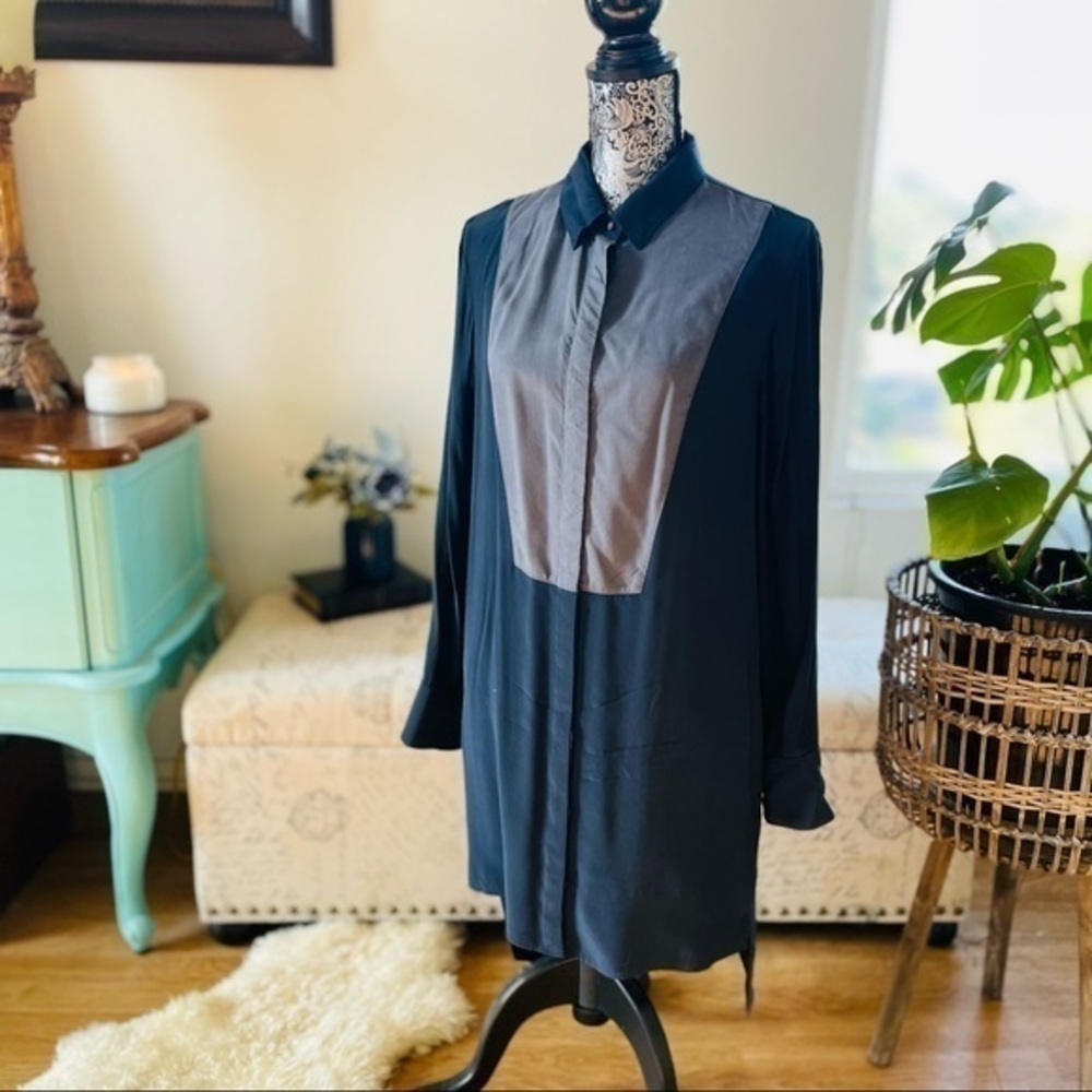 Rag & Bone Silk Bib-Front Long Sleeve Shirt Dress